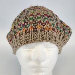 Hand Knitted Tan Beret Hat Rainbow Accents Soft 100% Acrylic Slouchy Beanie Cap